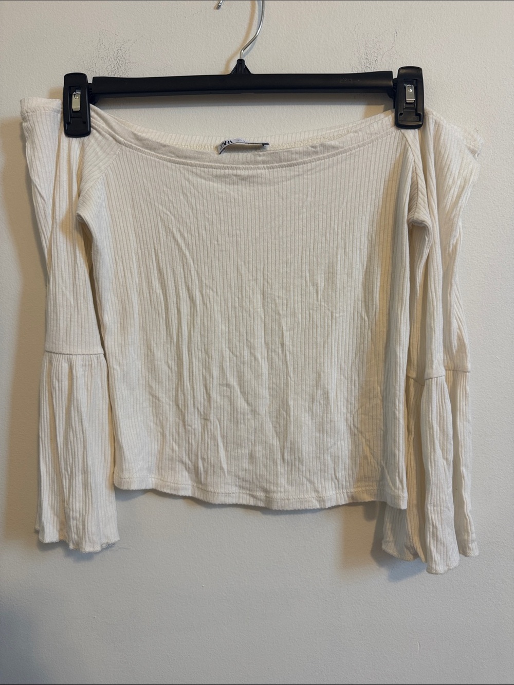 Off-Shoulder Ribbed Long-Sleeve Top - White